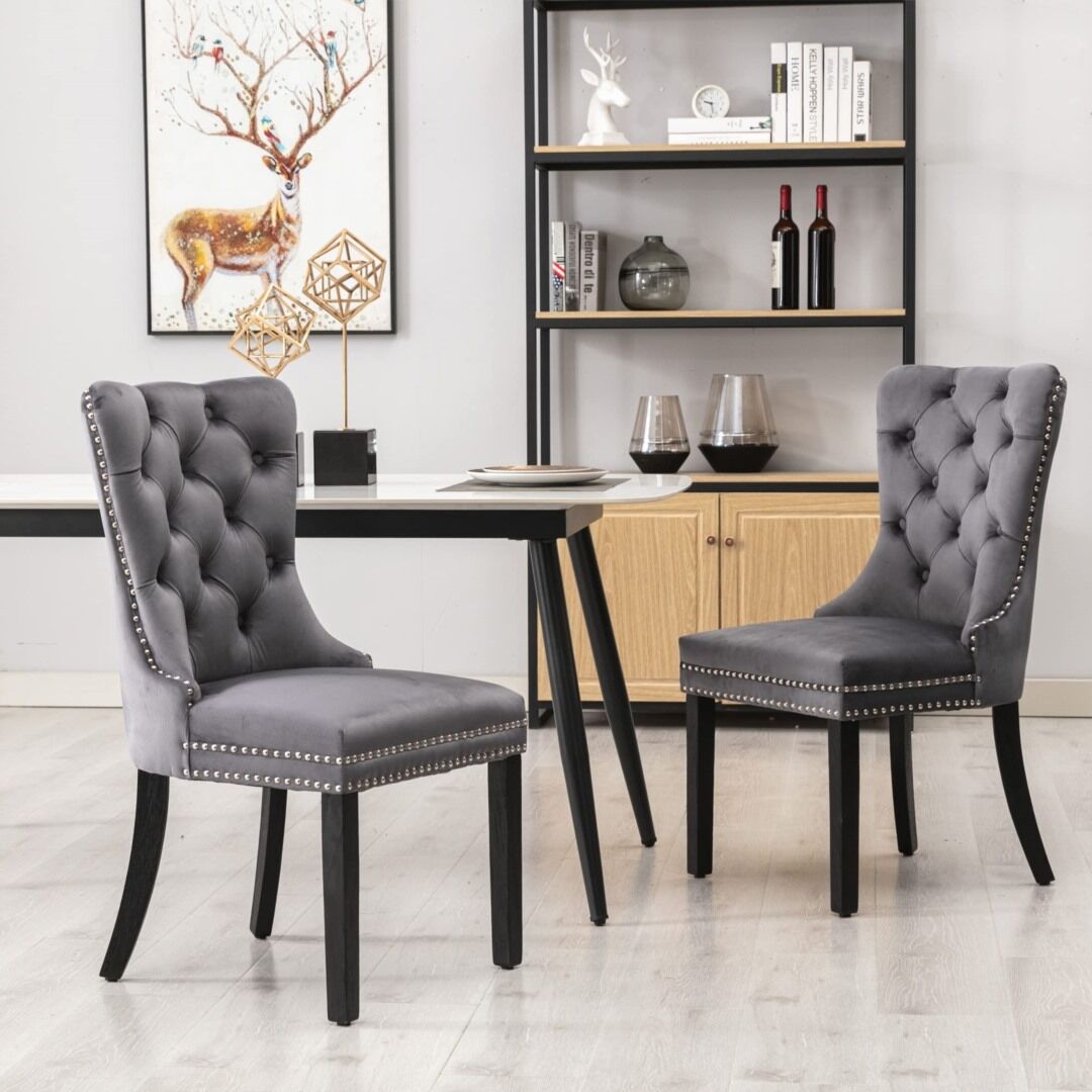 2x Velvet Dining Chairs Upholstered Tufted Kithcen Chair with Solid Wood Legs Stud Trim and Ring-Gray Price