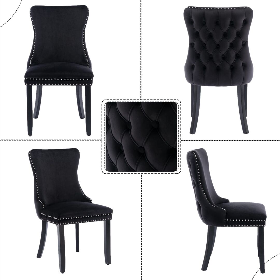 4x Velvet Upholstered Dining Tufted Chairs with Studs Trim and Solid Wood Legs-Black Price