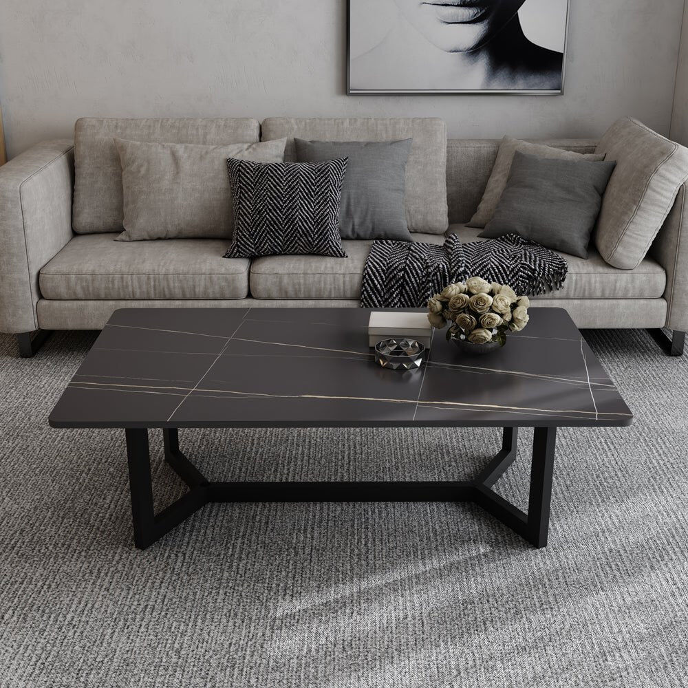 120x60cm Matte Black Minimalist Slate Coffee Table Marble Tea Table Living Room Rectangle Cocktail Side Table Solid Metal Legs Price