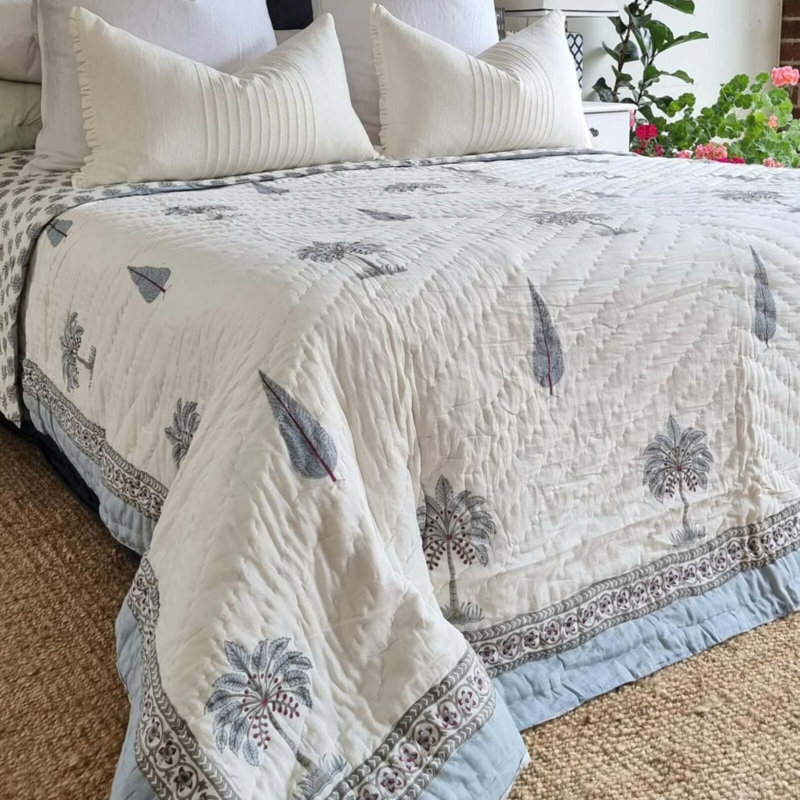 Kolka Palm & Pine Reversible Quilt 100% Cotton Blue - King Size Price