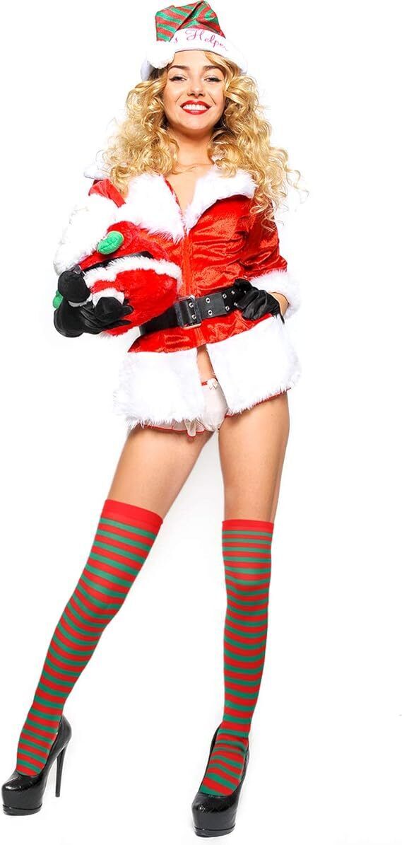 10x Christmas Over The Knee Socks Red Green Xmas Candy Cane Striped Elf Bulk Price
