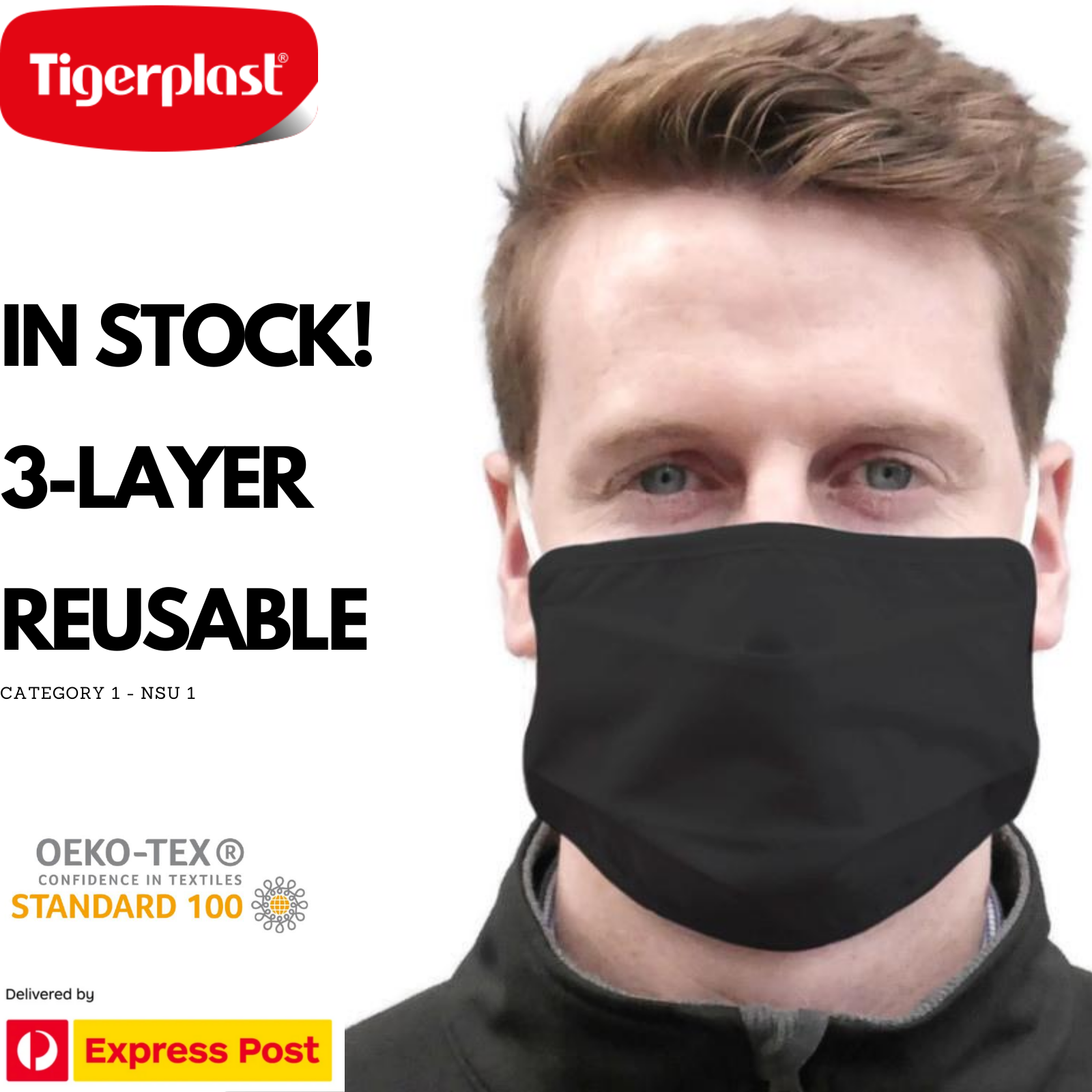 6x Tigerplast Fabric Face Mask Washable Reusable Mask Protect Cover - Black Price