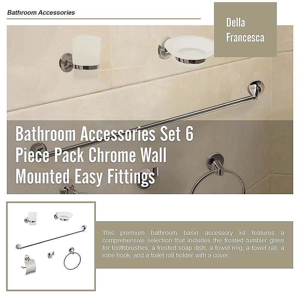 Bathroom Accessories Set 6 Piece Pack Chrome Wall Mounted Easy Fittings Price