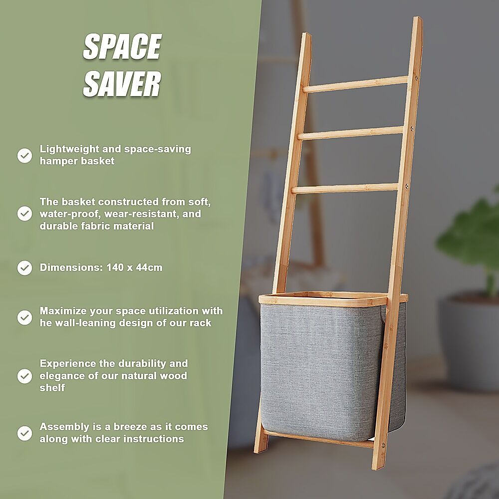 Wall Leaning Ladder Shelf with Laundry Basket Clothes Hamper Bath Towel Rack in Grey Price