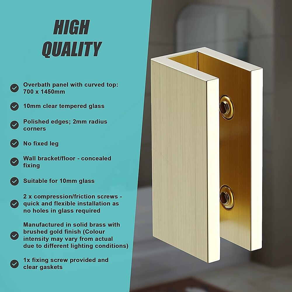 70cm Frameless Glass Bath Screen with Brackets - Gold Price