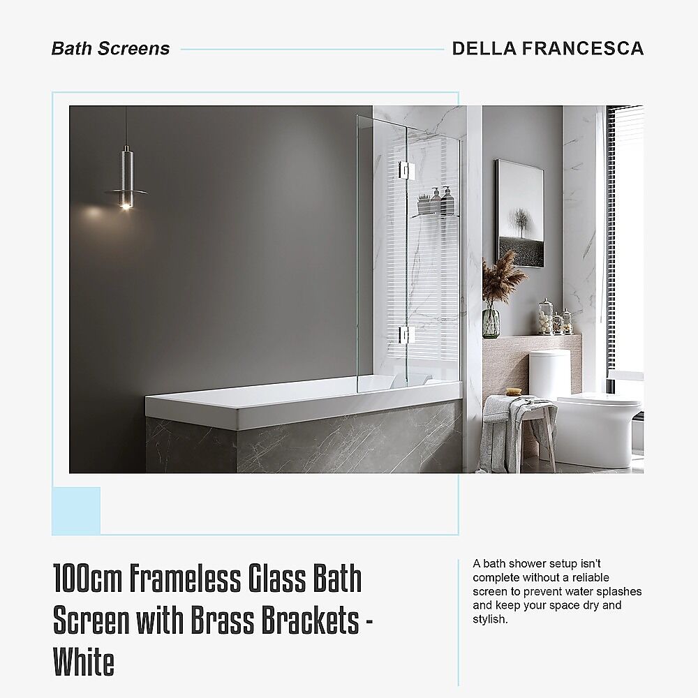 100cm Frameless Glass Bath Screen with Brass Brackets - White Price