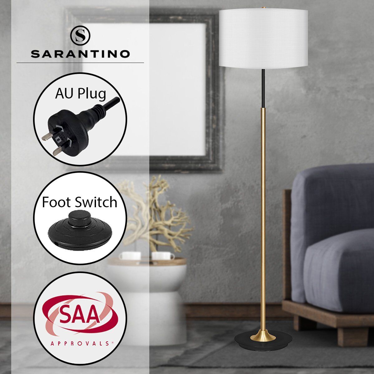 Sarantino Metal Floor Lamp Brushed Brass Finish with White Shade Price