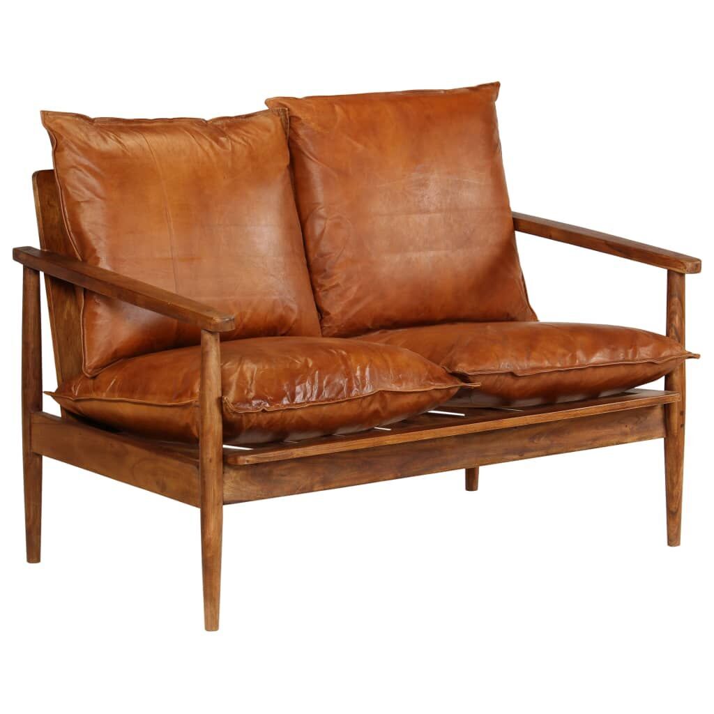 2-Seater Sofa Real Leather with Acacia Wood Brown Price