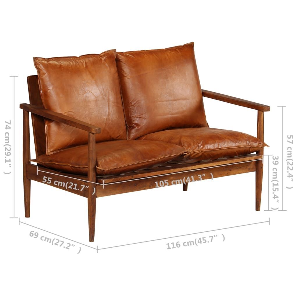 2 Piece Sofa Set Brown Real Leather and Solid Wood Acacia Price