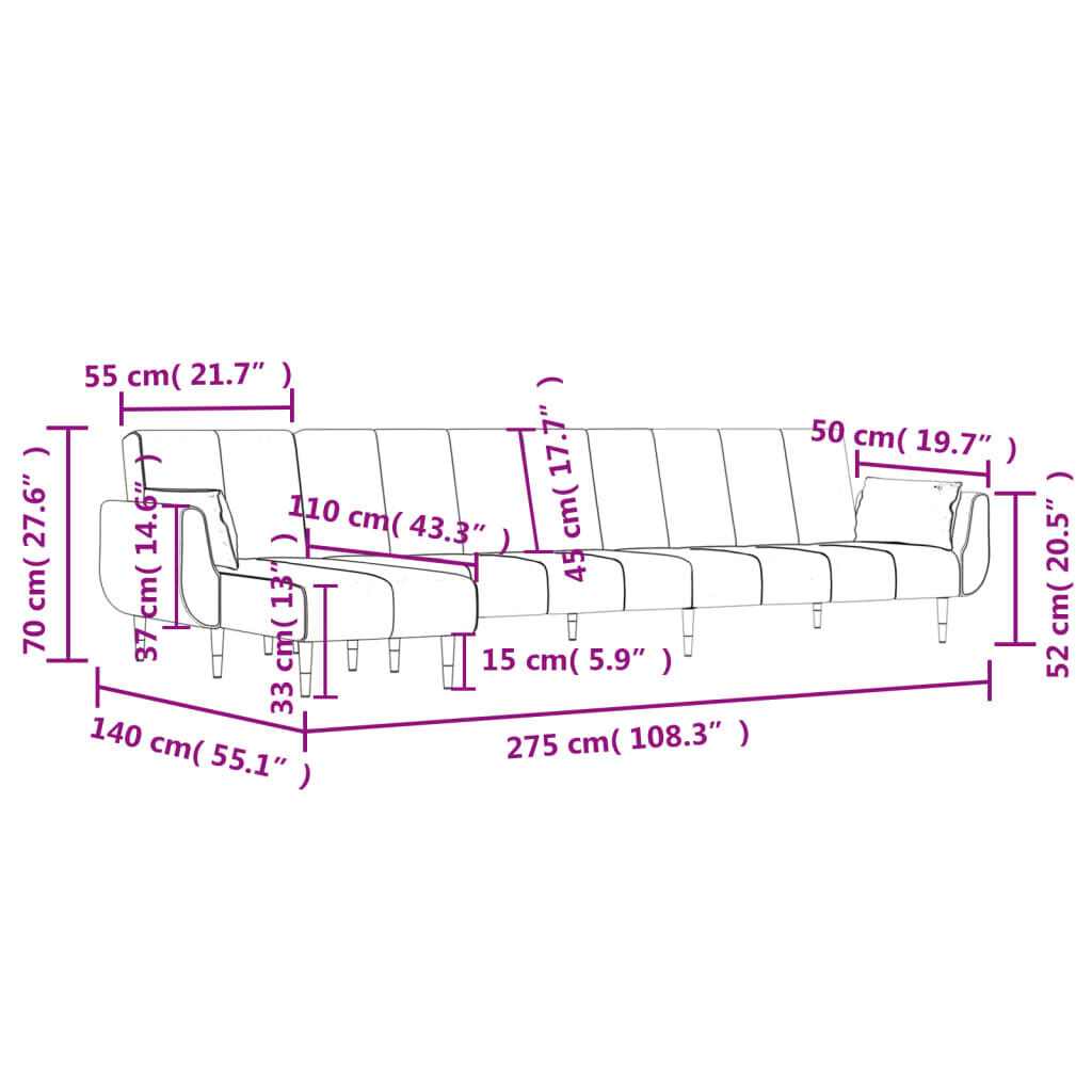 L-shaped Sofa Bed Black 275x140x70 cm Velvet Price