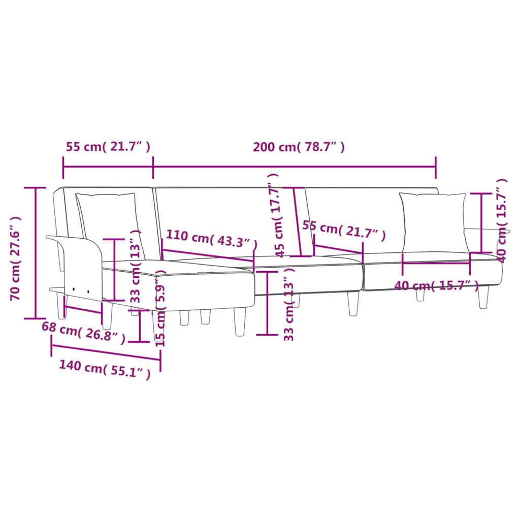 L-shaped Sofa Bed Black 279x140x70 cm Fabric Price