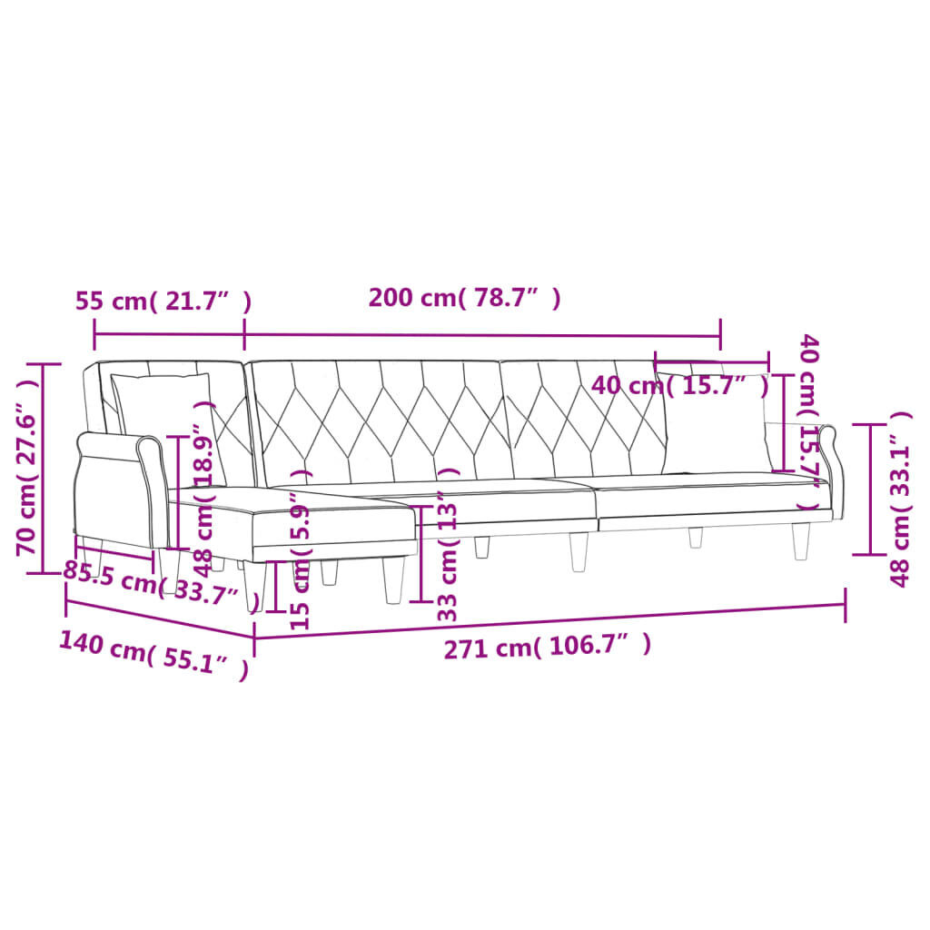 L-shaped Sofa Bed Black 271x140x70 cm Velvet Price