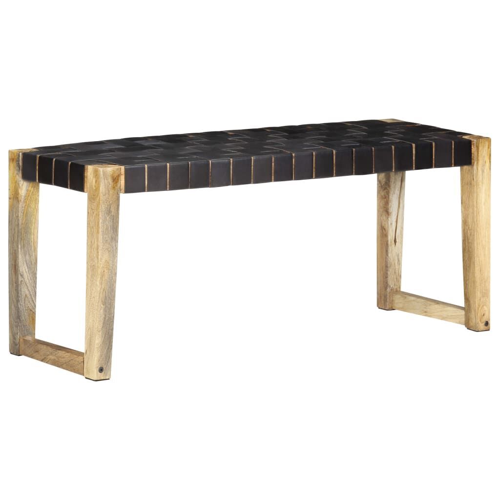 Bench 110 cm Black Real Leather and Solid Mango Wood Price