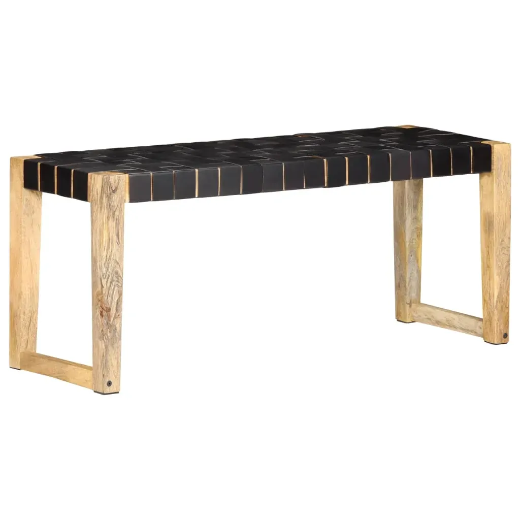 Bench 110 cm Black Real Leather and Solid Mango Wood Price