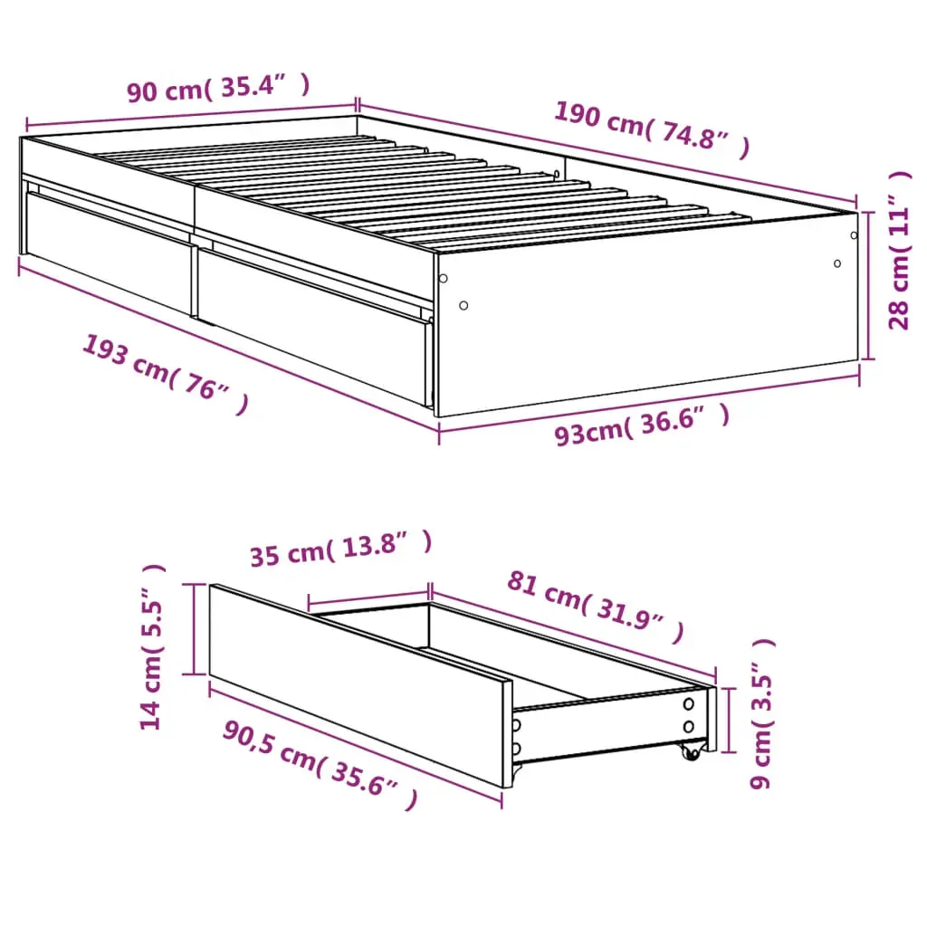 Bed Frame with Drawers without Mattress White 90x190 cm Price