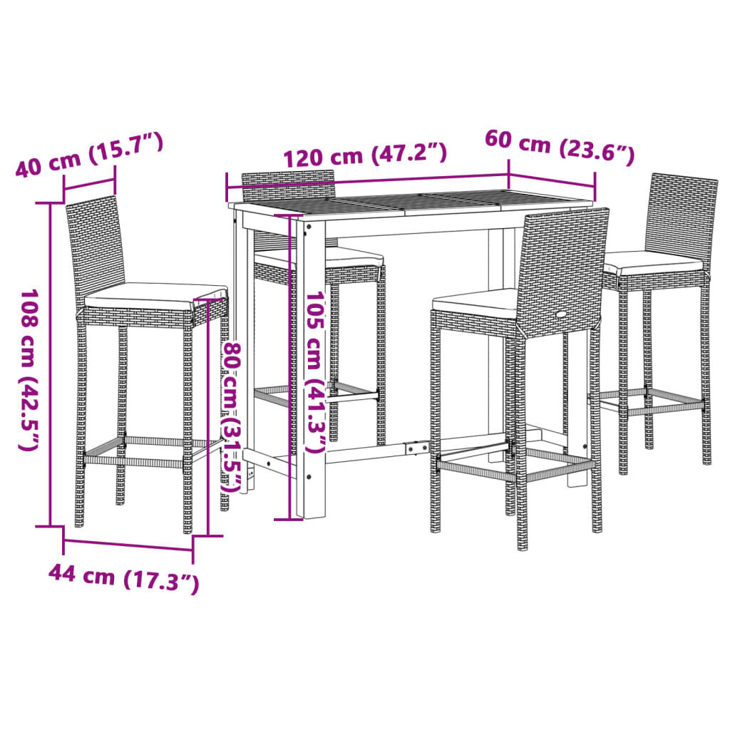 5 Piece Garden Bar Set Black Solid Wood Acacia and Poly Rattan Price
