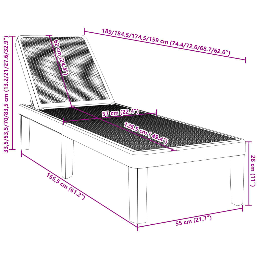 4-Way Height Adjustable Sun Lounger 155.5x57x28 cm Polypropylene Price