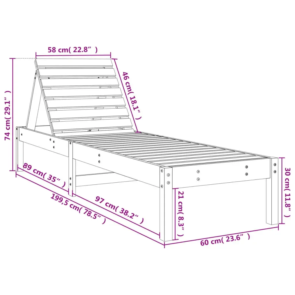 Sun Lounger Black 199.5x60x74 cm Solid Wood Pine Price