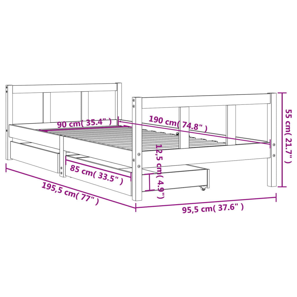 Kids Bed Frame with Drawers 90x190 cm Solid Wood Pine Price