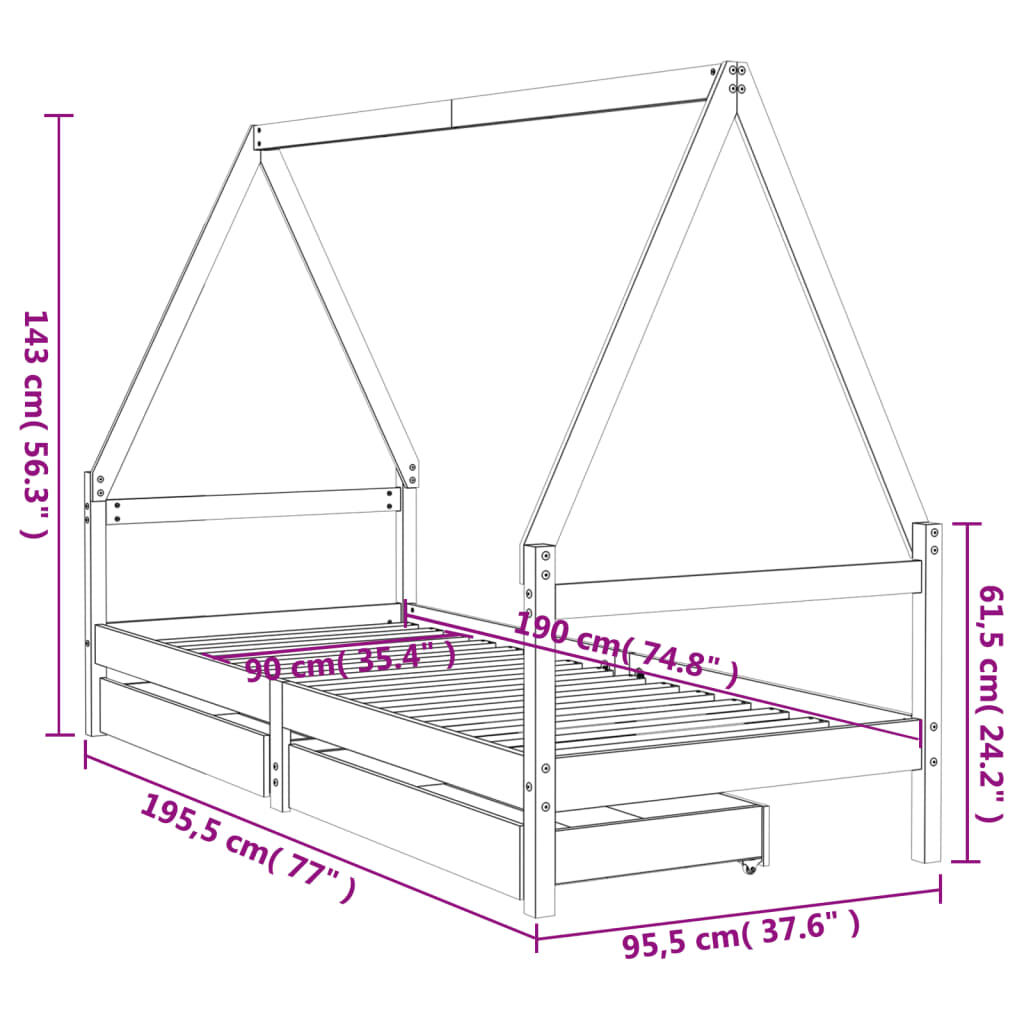 Kids Bed Frame with Drawers Black 90x190 cm Solid Wood Pine Price