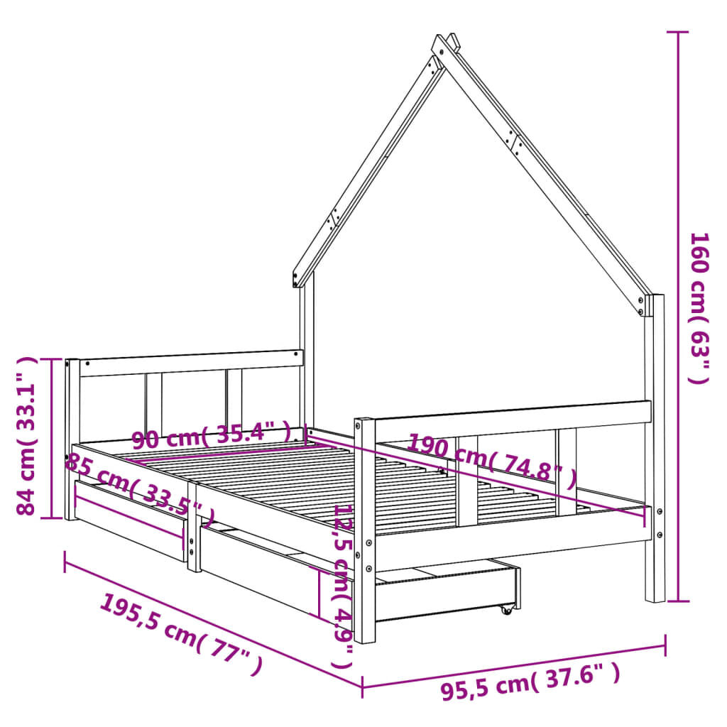 Kids Bed Frame with Drawers White 90x190 cm Solid Wood Pine Price