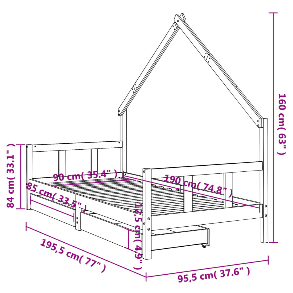 Kids Bed Frame with Drawers Black 90x190 cm Solid Wood Pine Price