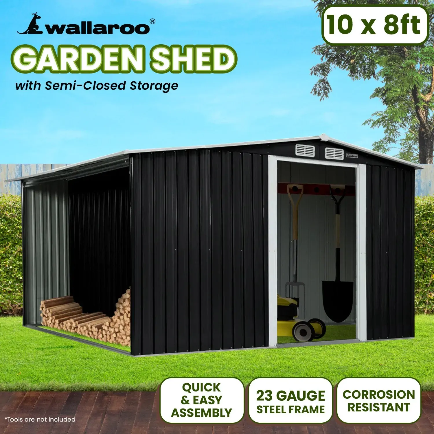 Wallaroo Garden Shed with Semi-Closed Storage - Black Price