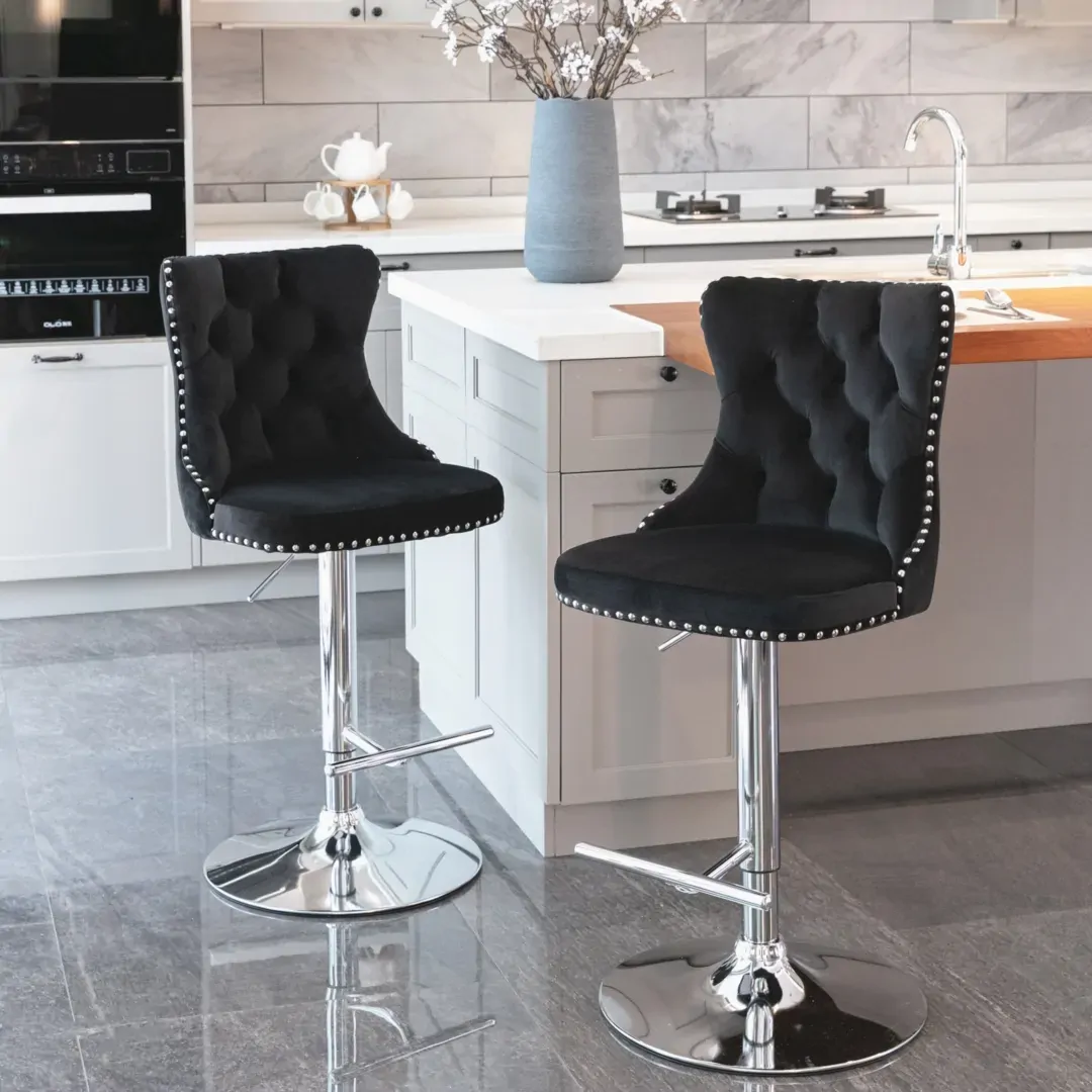 2x Height Adjustable Swivel Bar Stool Velvet Studs Barstool with Footrest and Chromed Base Price