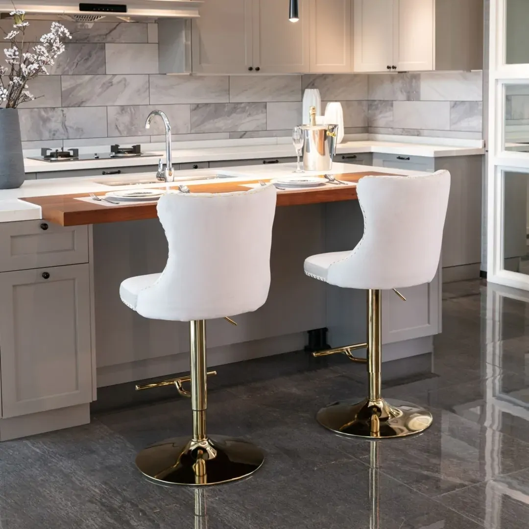 2x Height Adjustable Swivel Bar Stool Velvet Studs Barstool with Footrest and Golden Base Price