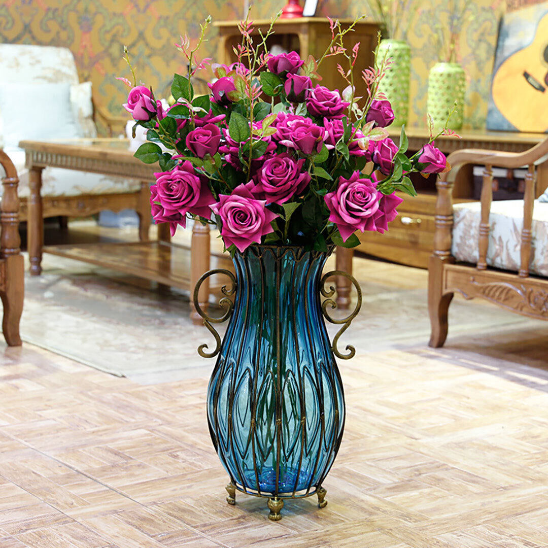 51cm Glass Tall Floor Vase with 12pcs Artificial Fake Flower Set Price