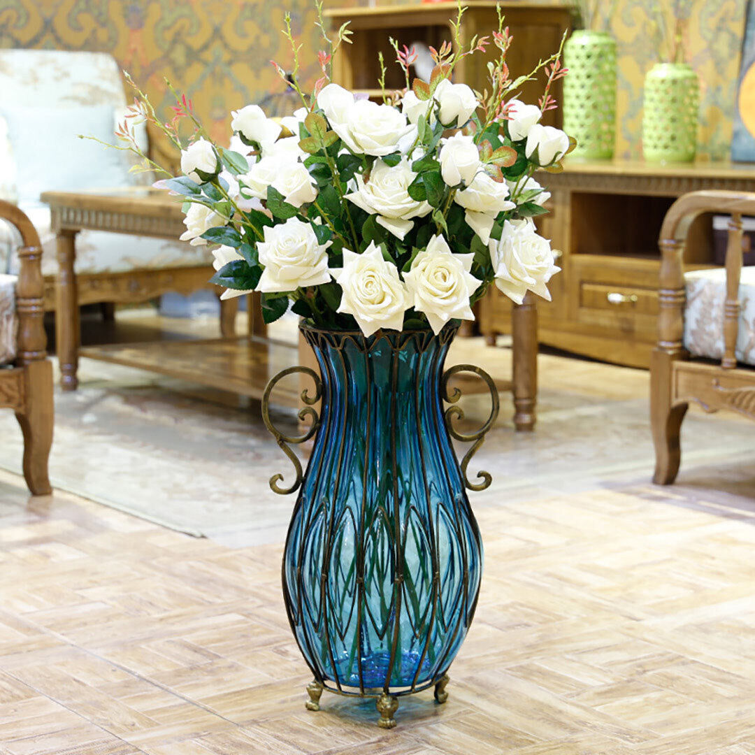 51cm Glass Tall Floor Vase with 12pcs White Artificial Fake Flower Set Price