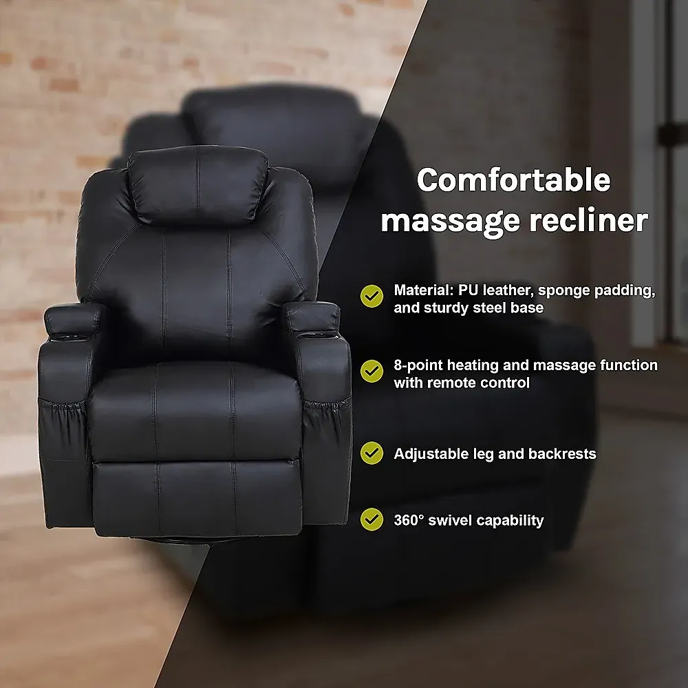 Massage Sofa Chair Recliner 360 Degree Swivel PU Leather Lounge 8 Point Heated Price