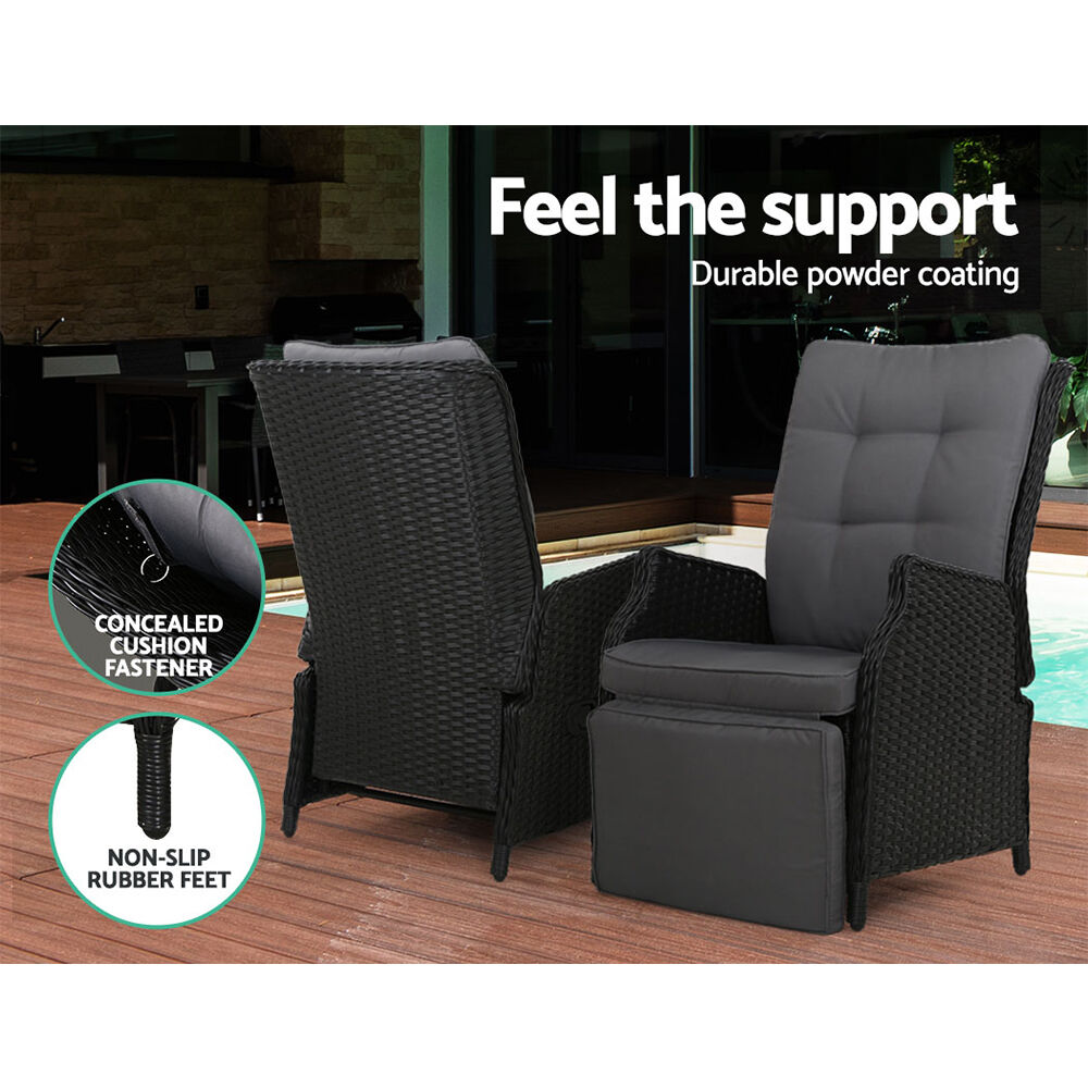 Gardeon 3PC Recliner Chairs Table Sun lounge Outdoor Furniture Wicker Adjustable Black Price