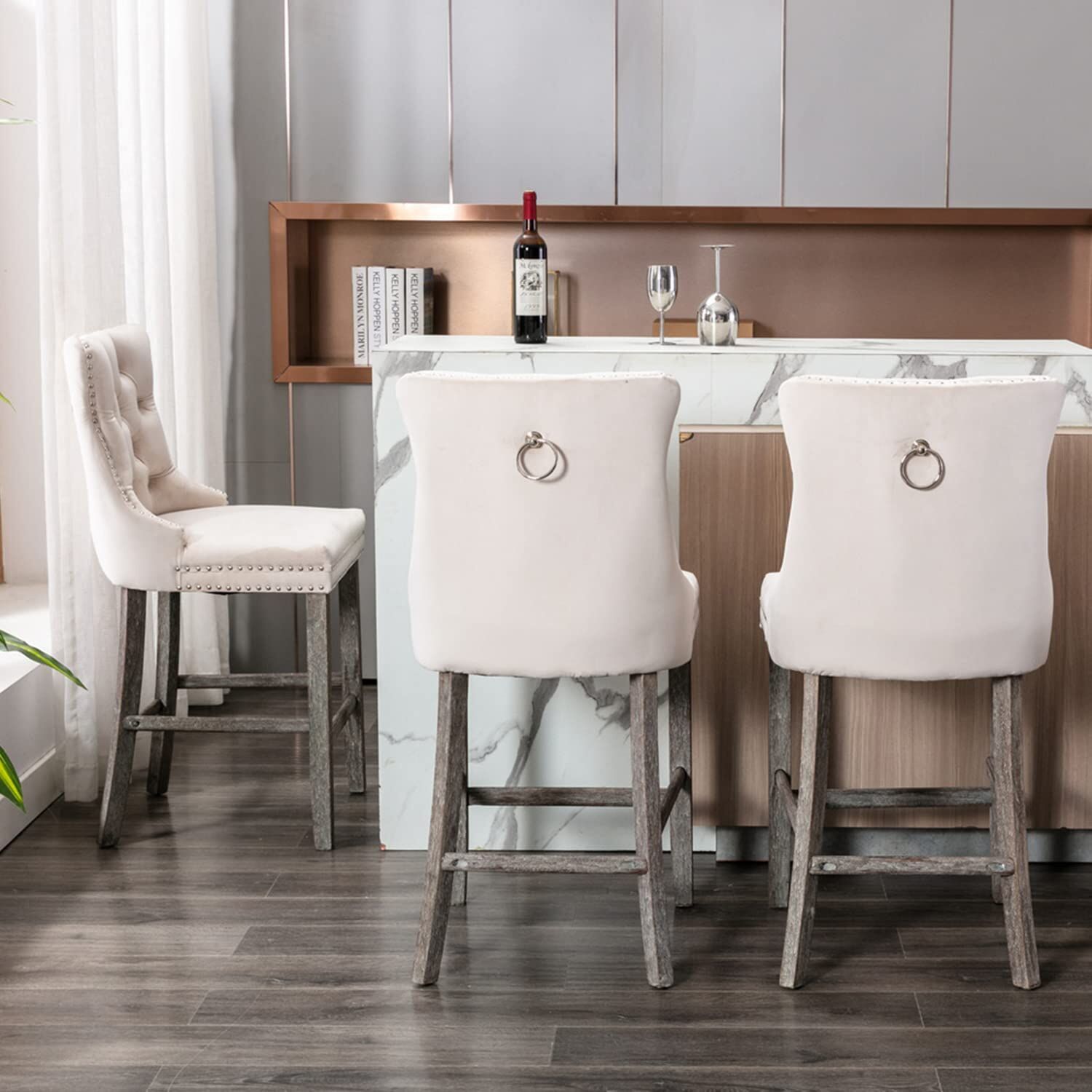 2X Velvet Bar Stools with Studs Trim Wooden Legs Tufted Dining Chairs Kitchen Price