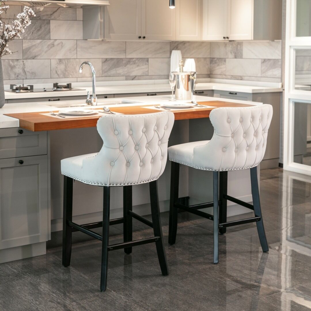 2x Velvet Upholstered Button Tufted Bar Stools with Wood Legs and Studs-Beige Price