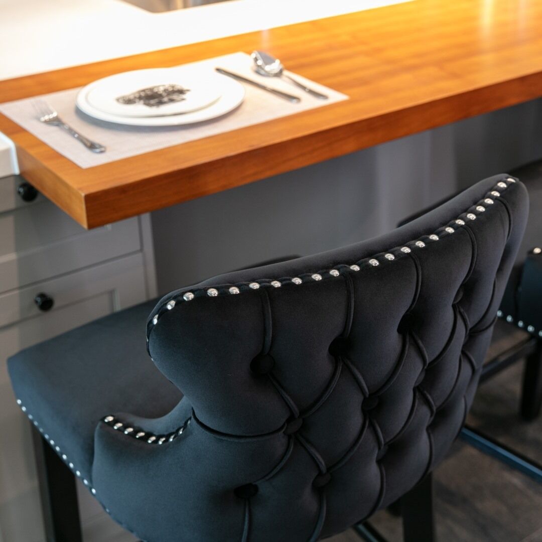 2x Velvet Upholstered Button Tufted Bar Stools with Wood Legs and Studs-Black Price