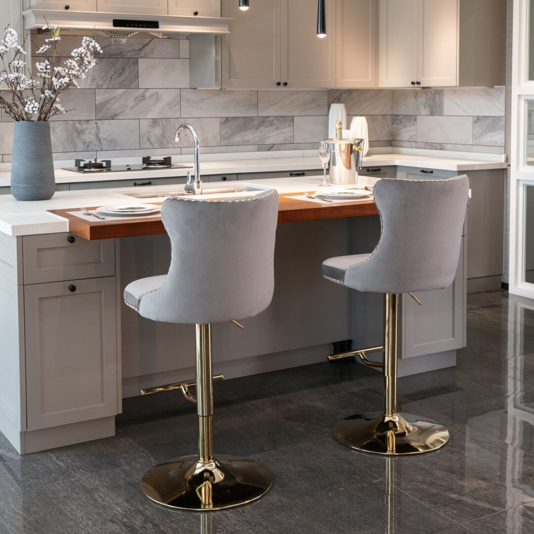 2x Height Adjustable Swivel Bar Stool Velvet Studs Barstool with Footrest and Golden Base- Grey Price