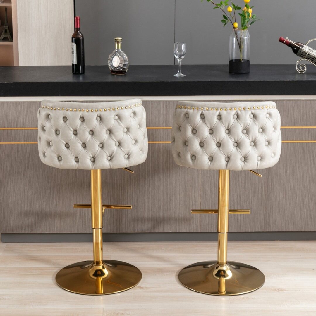 2x Faux Leather Golden Base Swivel Bar Stools- Beige Price