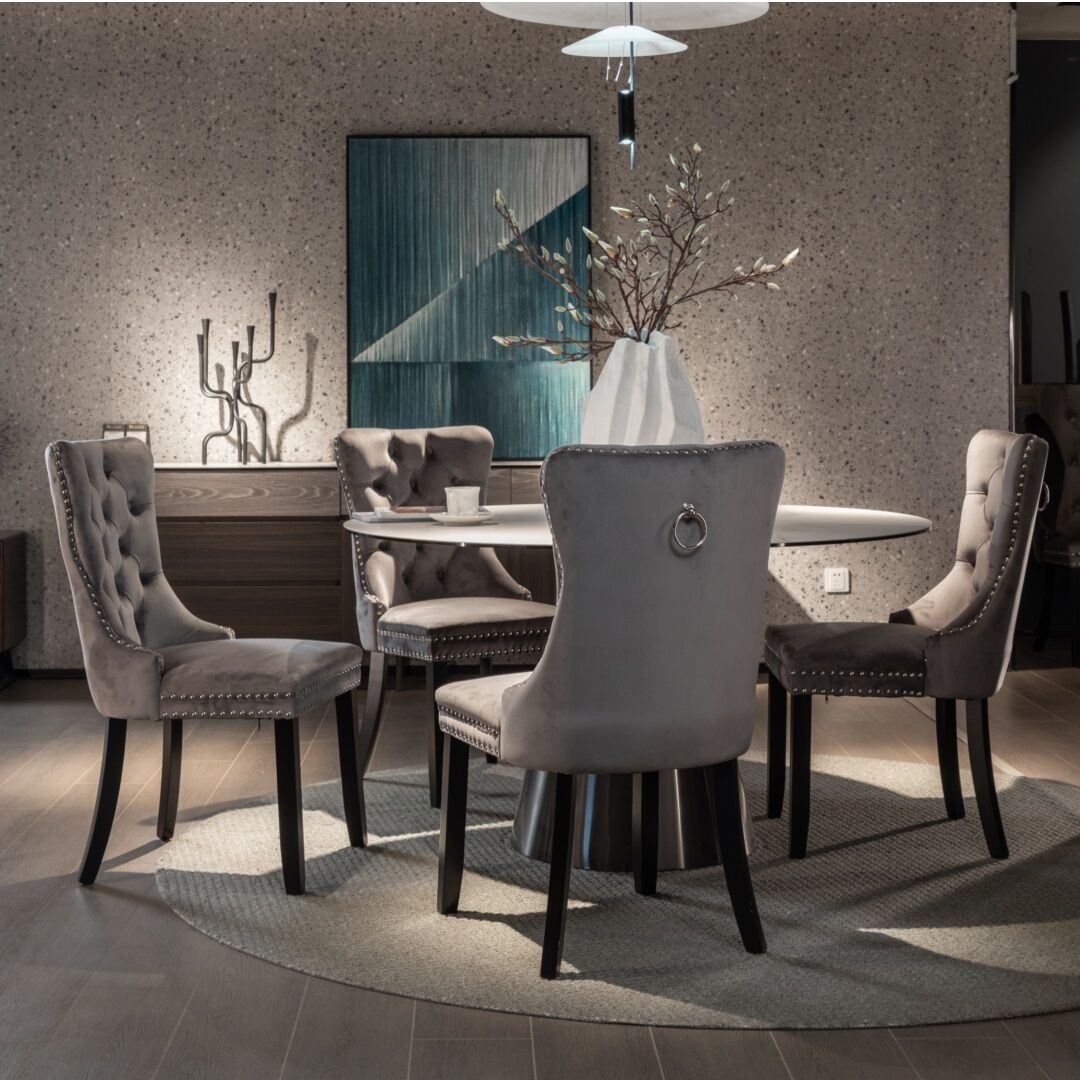 2x Velvet Dining Chairs Upholstered Tufted Kithcen Chair with Solid Wood Legs Stud Trim and Ring-Gray Price