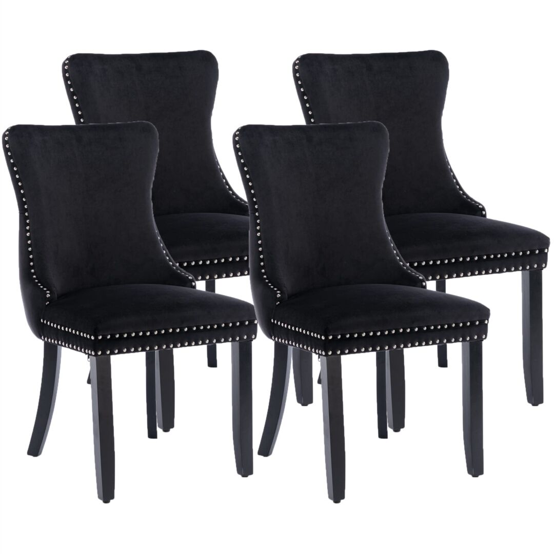 4x Velvet Upholstered Dining Tufted Chairs with Studs Trim and Solid Wood Legs-Black Price