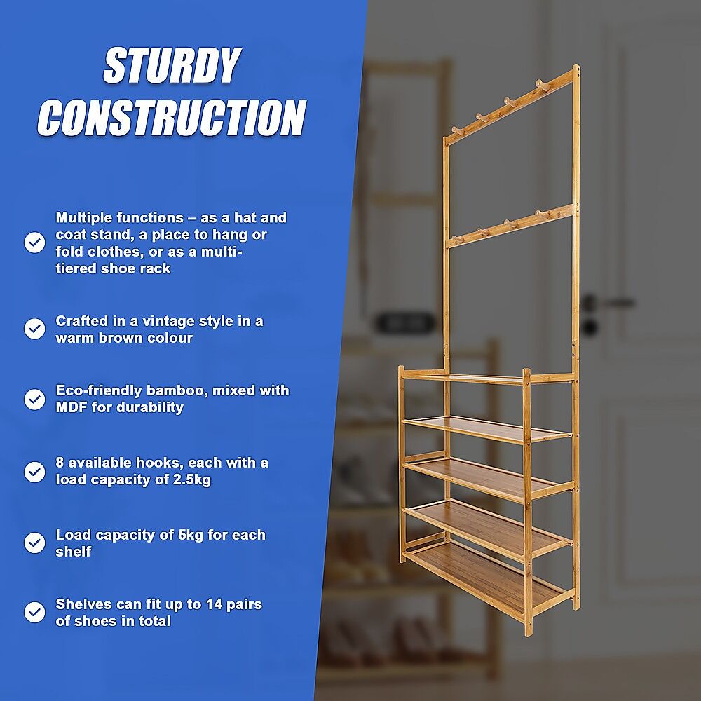 Large Wooden 5 Tiers Hat Coat Stand Clothes Shoe Rack Hanger Hooks Shelf Storage Price