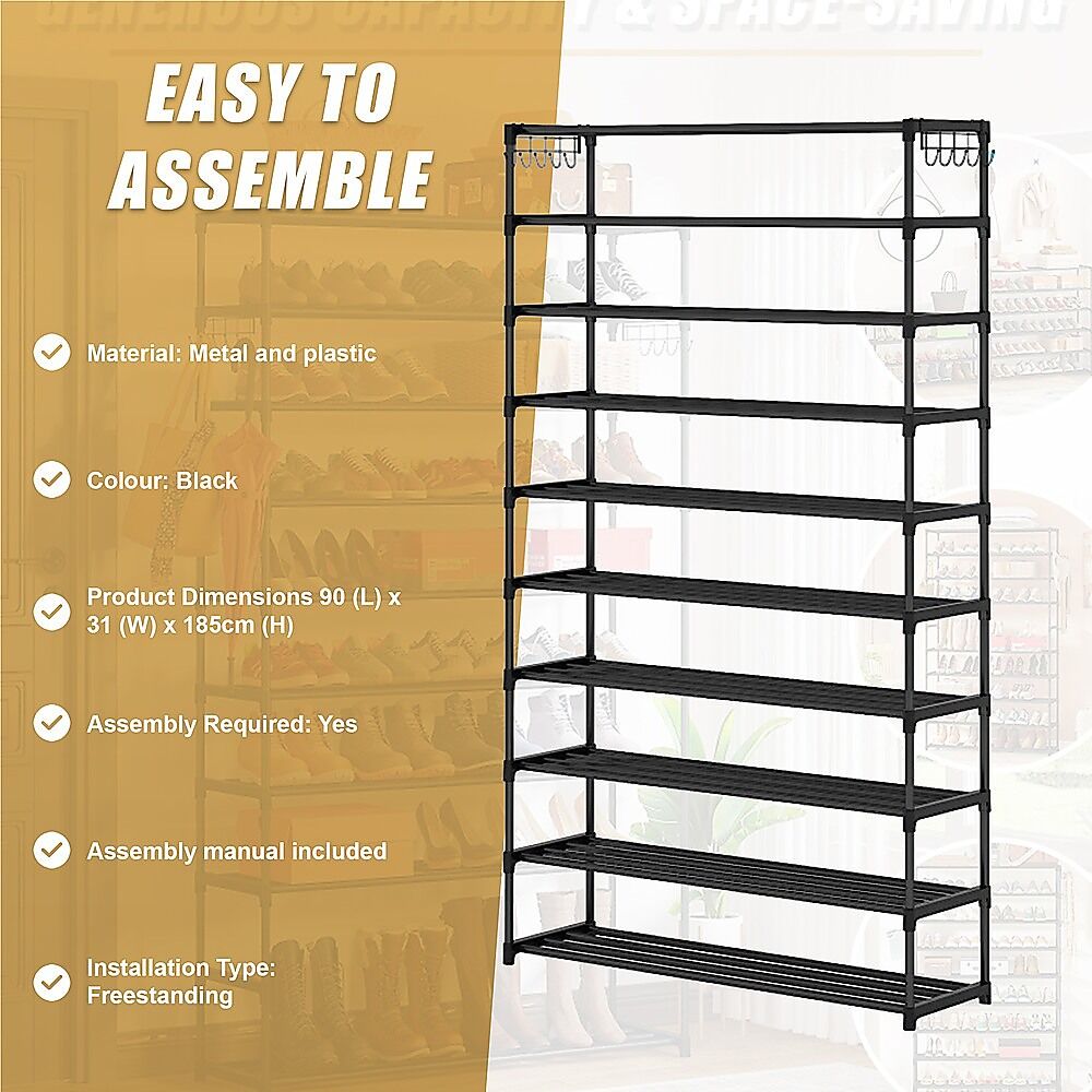 10 Tier Black Shoe Rack Metal Shoe Storage Organizer Rack 50-Pair Large Capacity Price