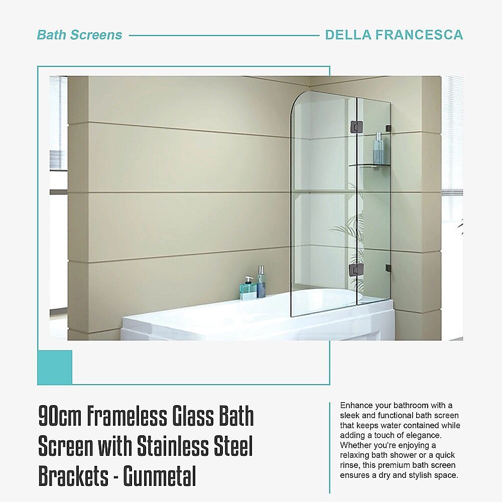 90cm Frameless Glass Bath Screen with Stainless Steel Brackets - Gunmetal Price