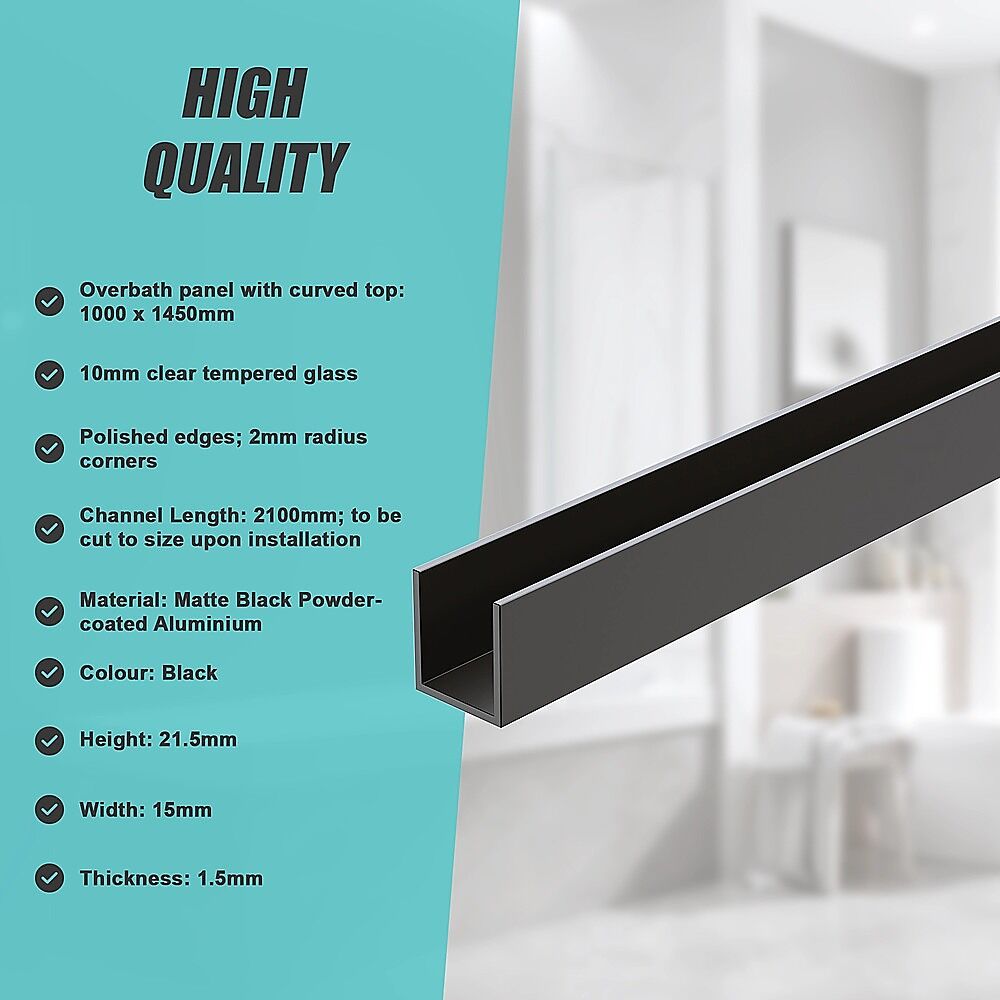100cm Frameless Glass Bath Screen with Channel and Stainless Steel Hinges- Black Price