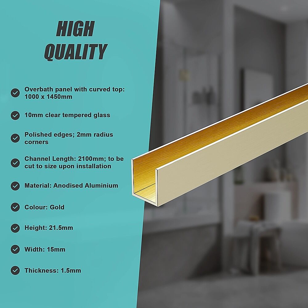 100cm Frameless Glass Bath Screen with Channel and Stainless Steel Hinges- Gold Price