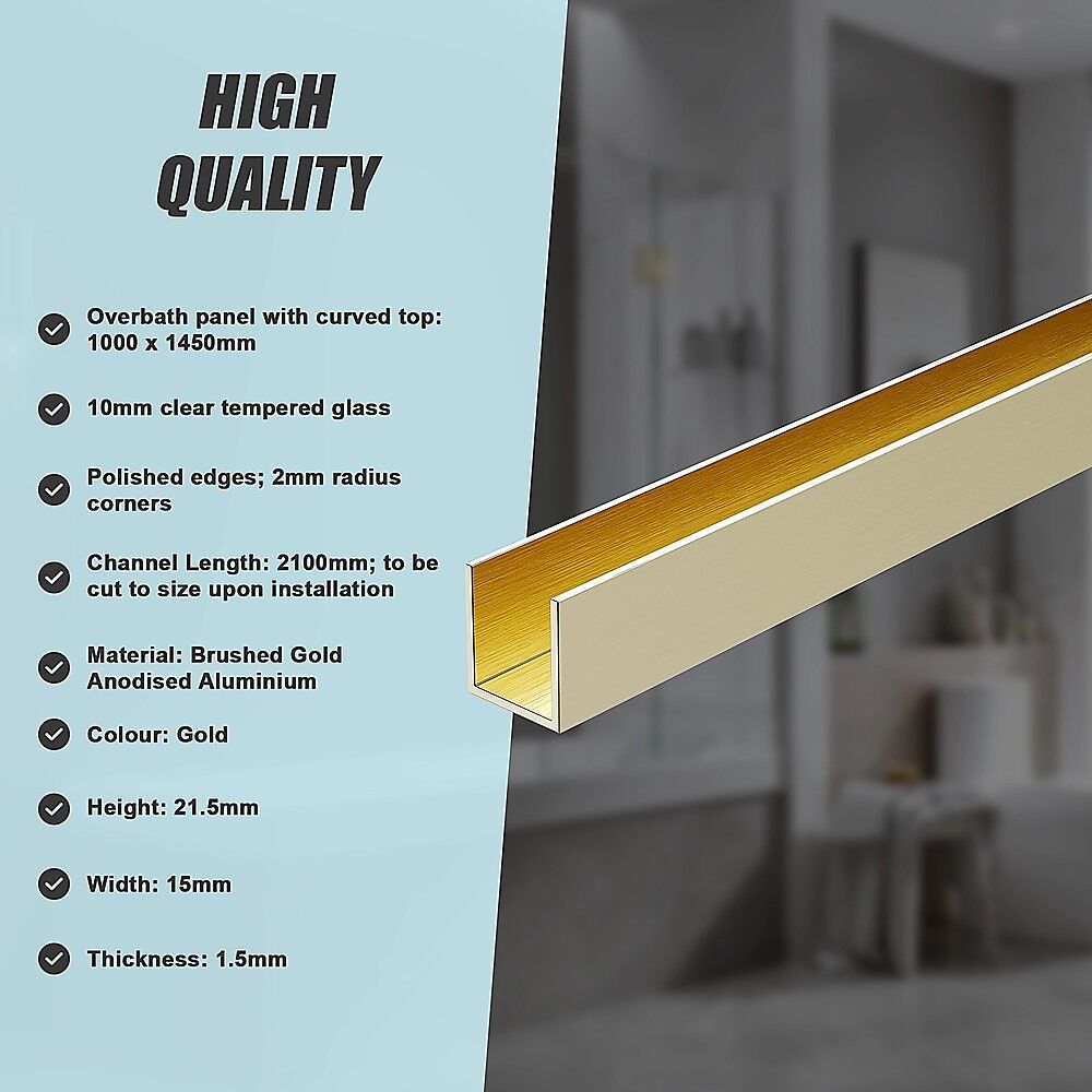 100cm Frameless Glass Bath Screen with Channel and Brass Hinges - Gold Price