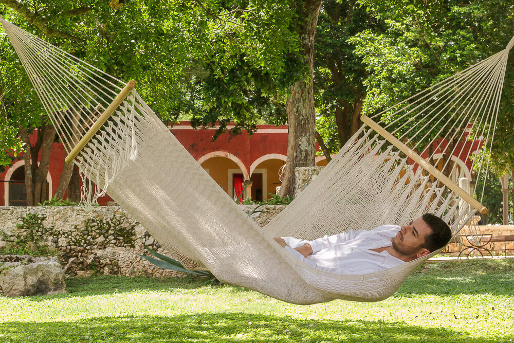 Mayan Legacy Queen Size Outdoor Cotton Mexican Resort Hammock With Fringe in Cream Colour Price