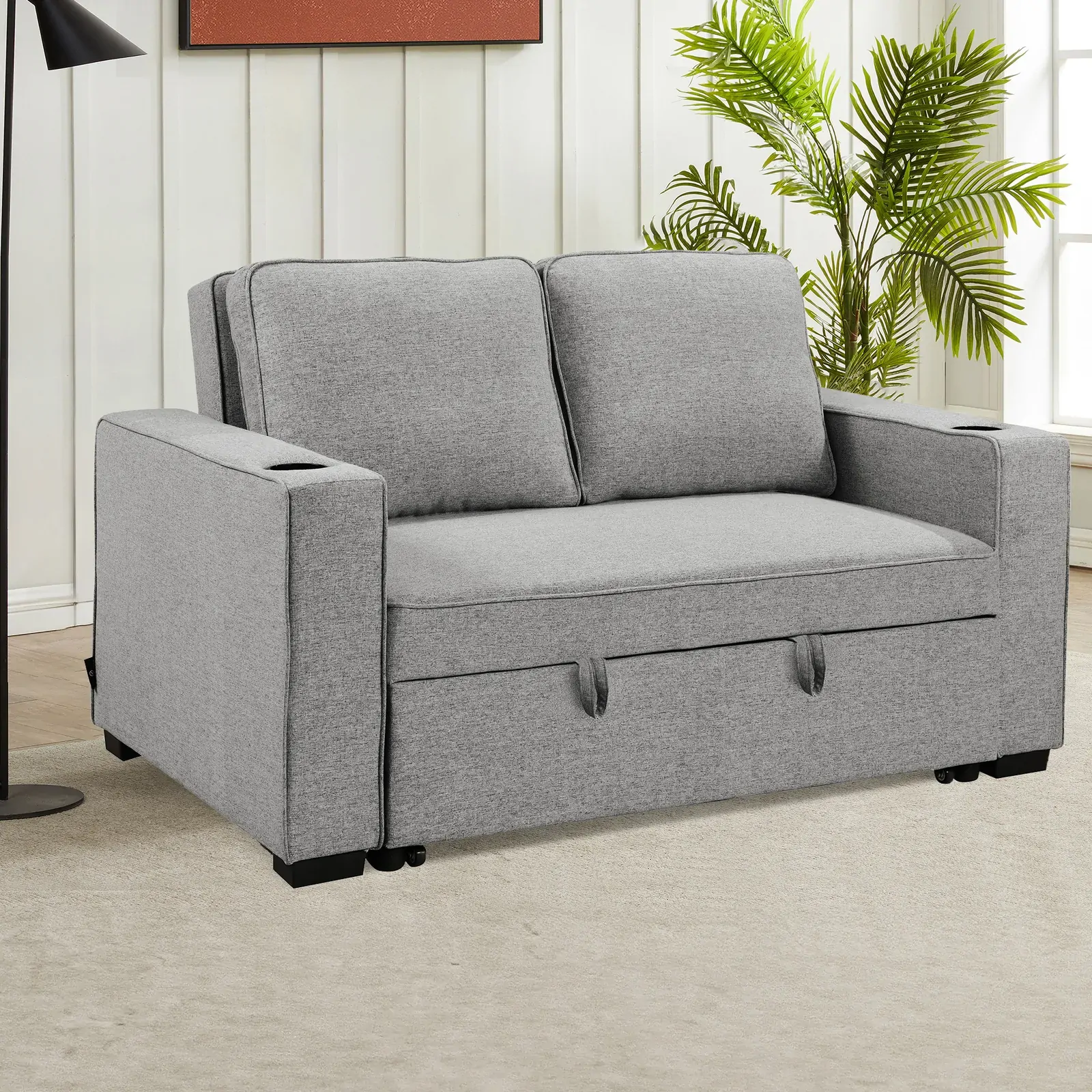 Sarantino Hoffman Linen Sofa Bed with Cushions &Cup Holders Light Grey Price