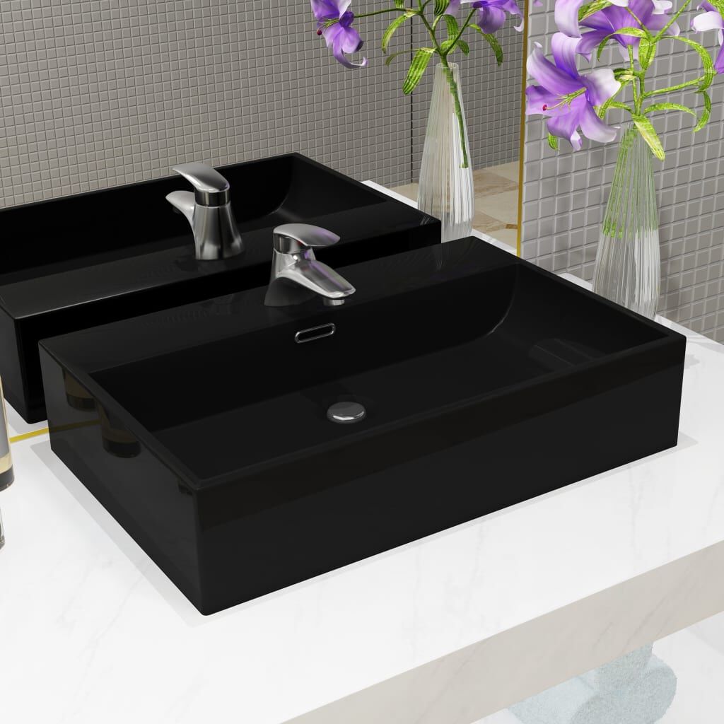 Basin with Faucet Hole Ceramic Black 60.5x42.5x14.5 cm Basin with Faucet Hole Ceramic Black 60.5x42.5x14.5 cm
