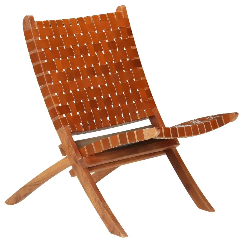 Folding Chair Crossed-Stripe Brown Real Leather Folding Chair Crossed-Stripe Brown Real Leather